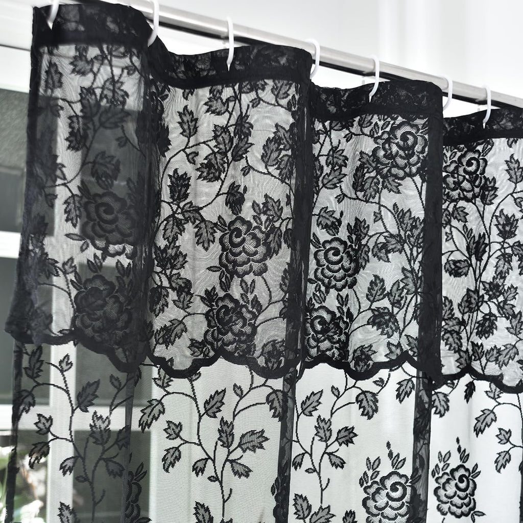 Black Lace Shower Curtain with Attached Valance, 72 x 72 Inch, 1 Panel