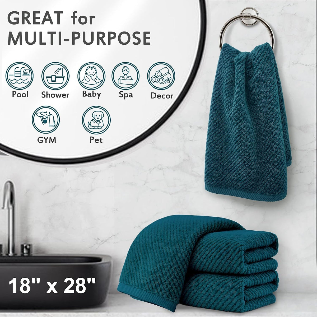 VOOVA & MOVAS Hand Towels for Barthroom, 18x28 in, Soft, Deep Turquoise