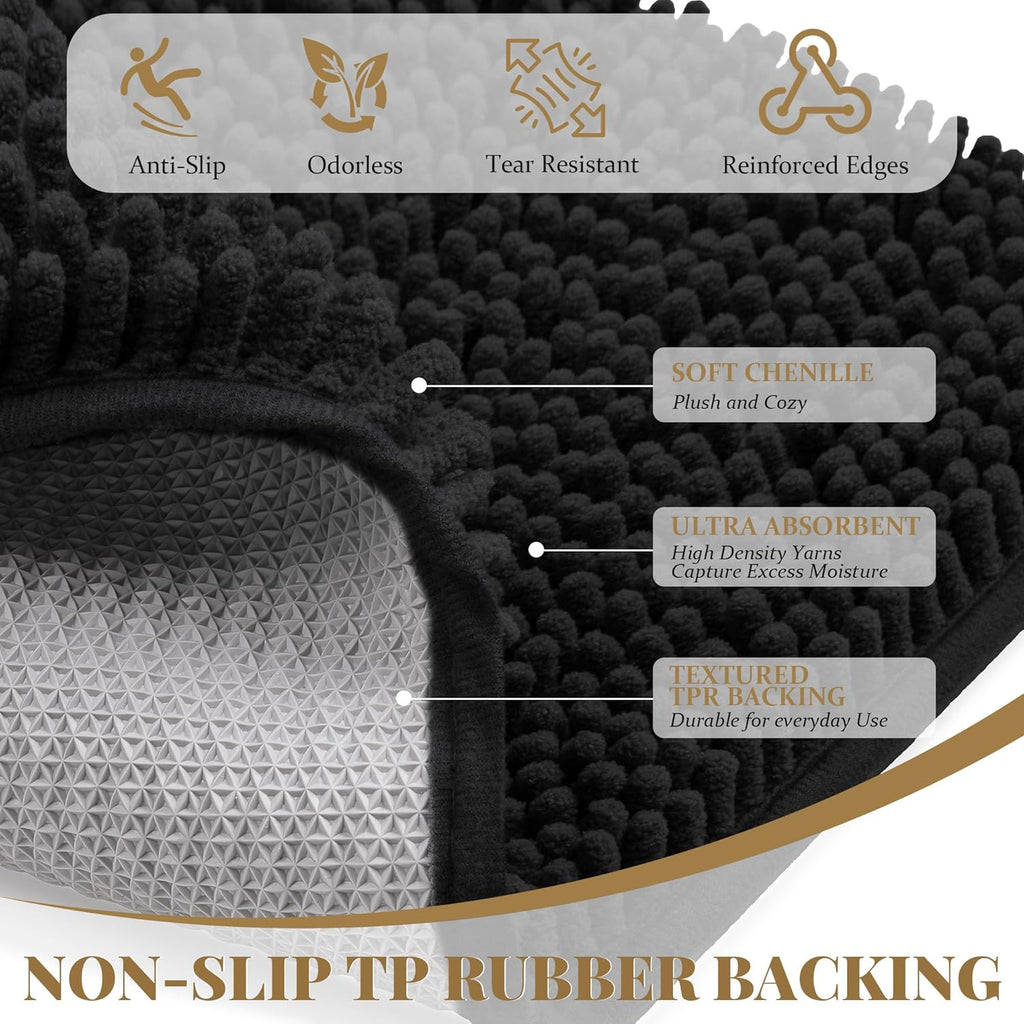 Bathroom Rugs Mat 72 x 48, Thick Soft Absorbent Chenille Bath Rugs, Rubber Backing Bath Mats for Bathroom Floor, Tub, Shower, Bedroom, Home Decor Accessories, Quick Dry Machine Washable, Black