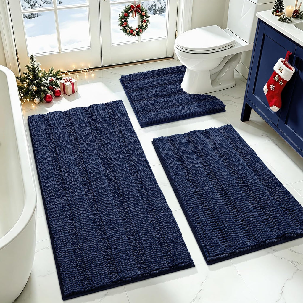 ACCUMTEK Striped Navy Blue Bathroom Rug Set 3 Pieces Ultra Soft, Non Slip Chenille Toilet Mat, Absorbent Plush Shaggy Bath Mats for Bathroom, Bedroom, Kitchen