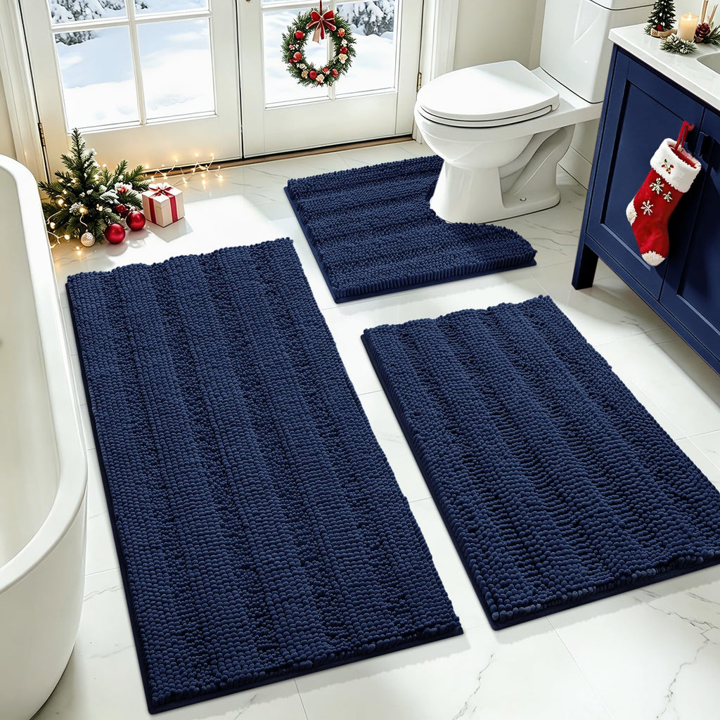 ACCUMTEK Striped Navy Blue Bathroom Rug Set 3 Pieces Ultra Soft, Non Slip Chenille Toilet Mat, Absorbent Plush Shaggy Bath Mats for Bathroom, Bedroom, Kitchen