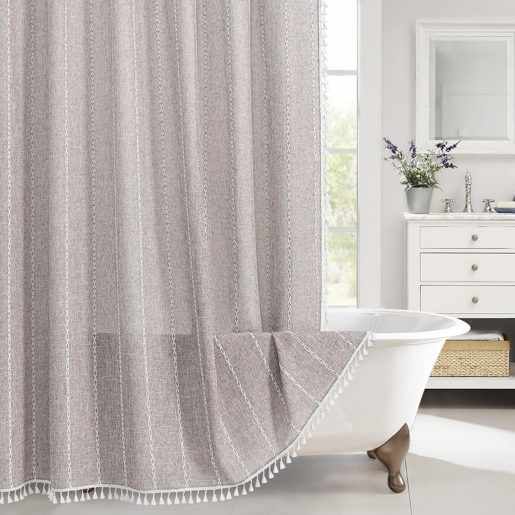 Boho Farmhouse Tassel Linen Shower Curtain,3D Embroidery Stripe Blue,72x72