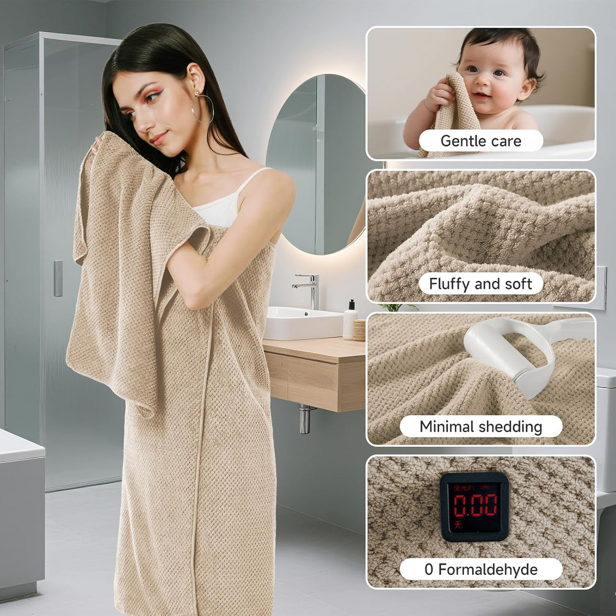 REDKISS 6-Piece Bath Towel Set - 2 Washcloths, 2 Hand Towels, 2 Bath Towels | Ultra-Fiber Coral Fleece, Super Absorbent, No Lint & No Fading | Perfect for Bathroom, Spa, Gym | Family & Adults-Camel