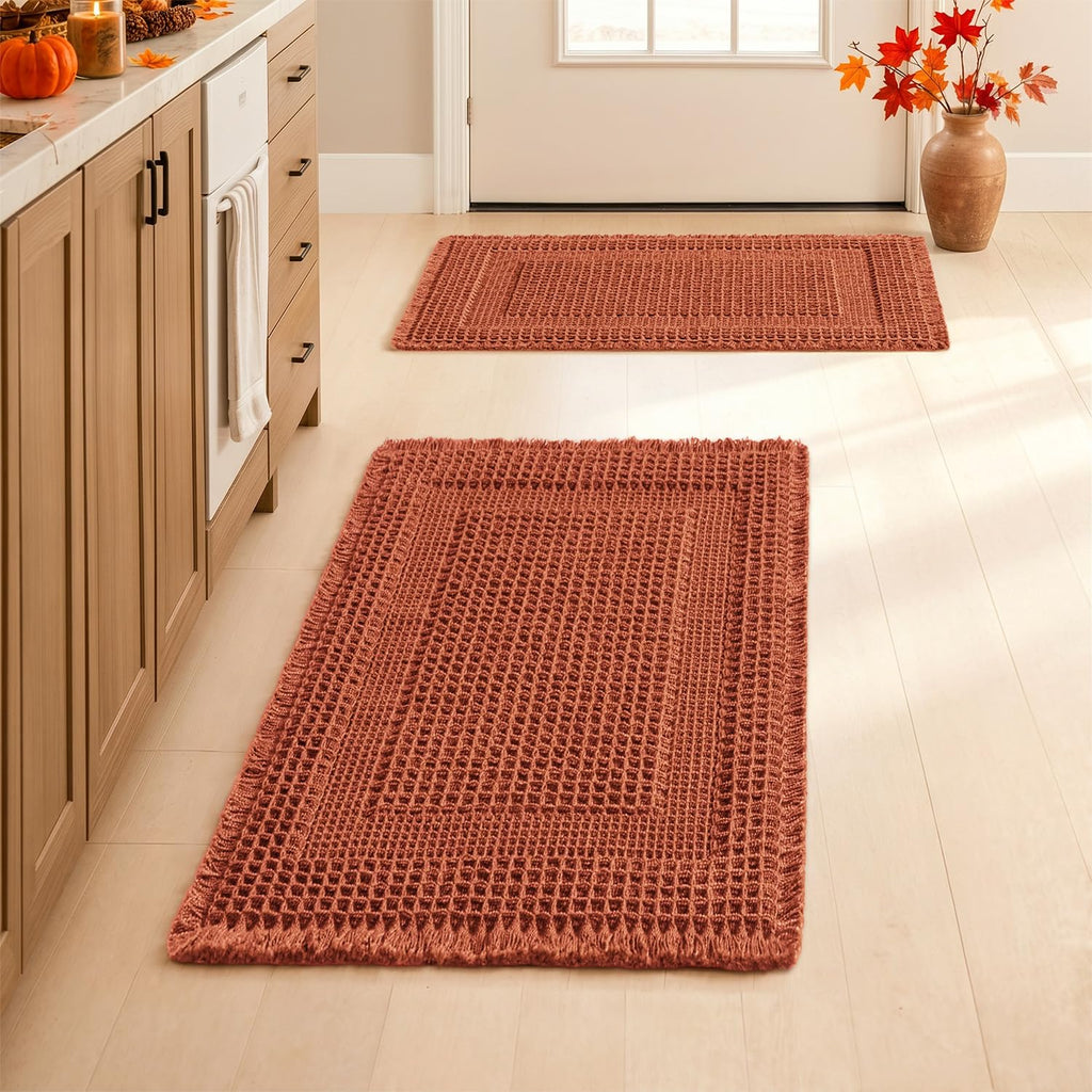 MIULEE Set of 2 Waffle Bathroom Rugs Brown&Cream Boho Bath Mat 17x24+18x30