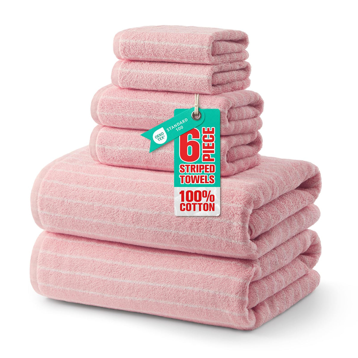 ecolook Premium Bath Towel Set of 6 Pieces – 100% Cotton, Super Absorbent & Quick Dry, Striped Towels for Bathroom, Spa & Swim – 2 Bath, 2 Hand, 2 Washcloths, Olive Green