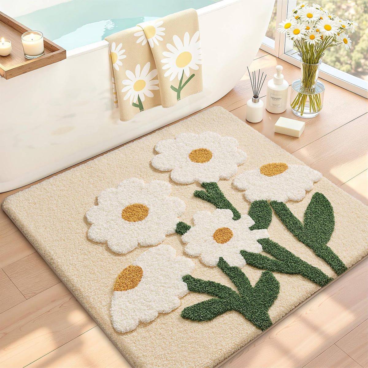 LUMI Square Beach Bathroom Rug 32x32, Soft Absorbent Bath Mat, Non Slip