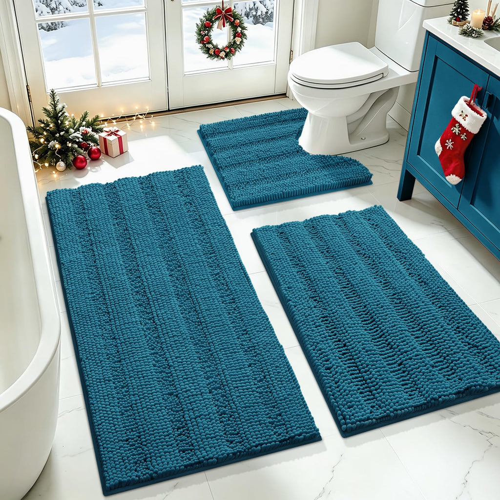 ACCUMTEK Striped Navy Blue Bathroom Rug Set 3 Pieces Ultra Soft, Non Slip Chenille Toilet Mat, Absorbent Plush Shaggy Bath Mats for Bathroom, Bedroom, Kitchen