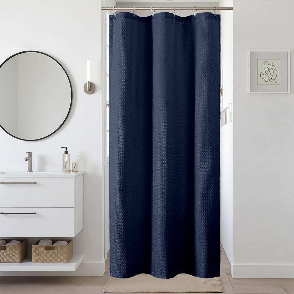 Navy Blue Shower Curtain 72 Inch Length 1 Piece, Waffle Embossed Textured Soft Fabric Hotel Shower Curtain for Bathroom, Modern Polyester Water Repellent Cloth Bath Decor, 72Wx72L Inches