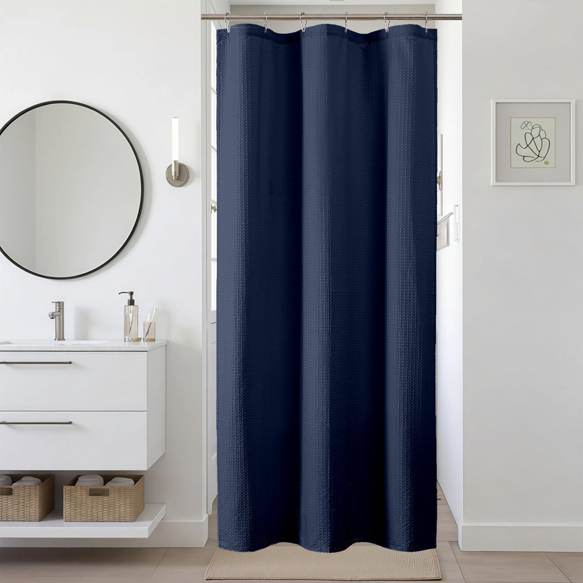 Navy Blue Shower Curtain 72 Inch Length 1 Piece, Waffle Embossed Textured Soft Fabric Hotel Shower Curtain for Bathroom, Modern Polyester Water Repellent Cloth Bath Decor, 72Wx72L Inches