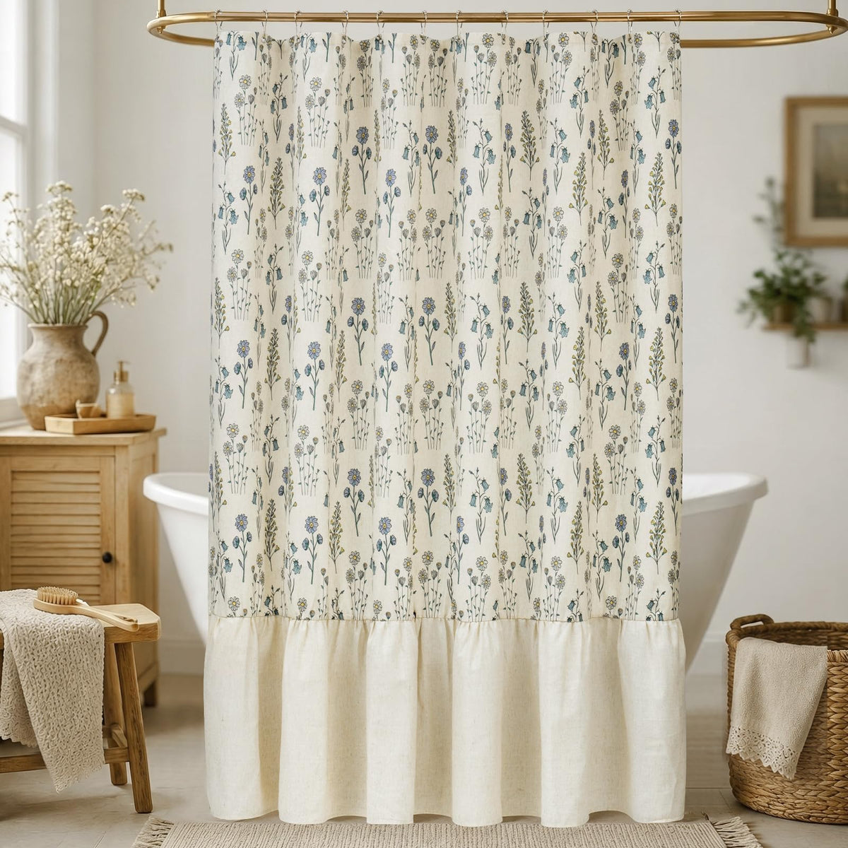 Botanical Floral Linen Blend Shower Curtain 72x72, Organic Modern Farmhouse Bathroom Decor, 210GSM Fabric (Green/Oatmeal)