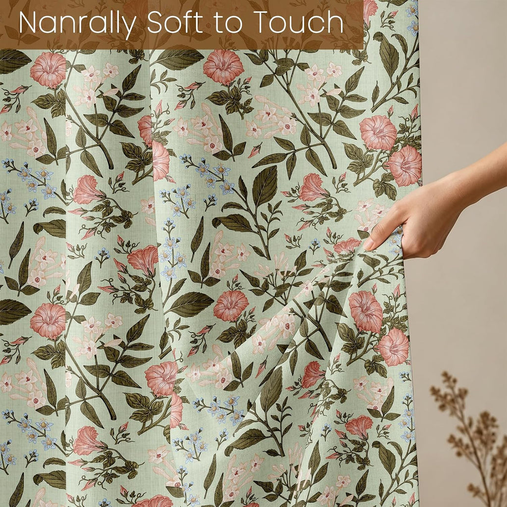 MAMUSE Linen Shower Curtain for Bathroom - Cute Aesthetic Decorative Modern Girly Unique Girls Design Farmhouse Women Waterproof Cortinas de Baño Bathtub 72 x 72 Inch, Sage Flower