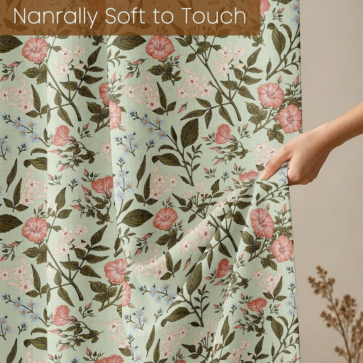 MAMUSE Linen Shower Curtain for Bathroom - Cute Aesthetic Decorative Modern Girly Unique Girls Design Farmhouse Women Waterproof Cortinas de Baño Bathtub 72 x 72 Inch, Sage Flower
