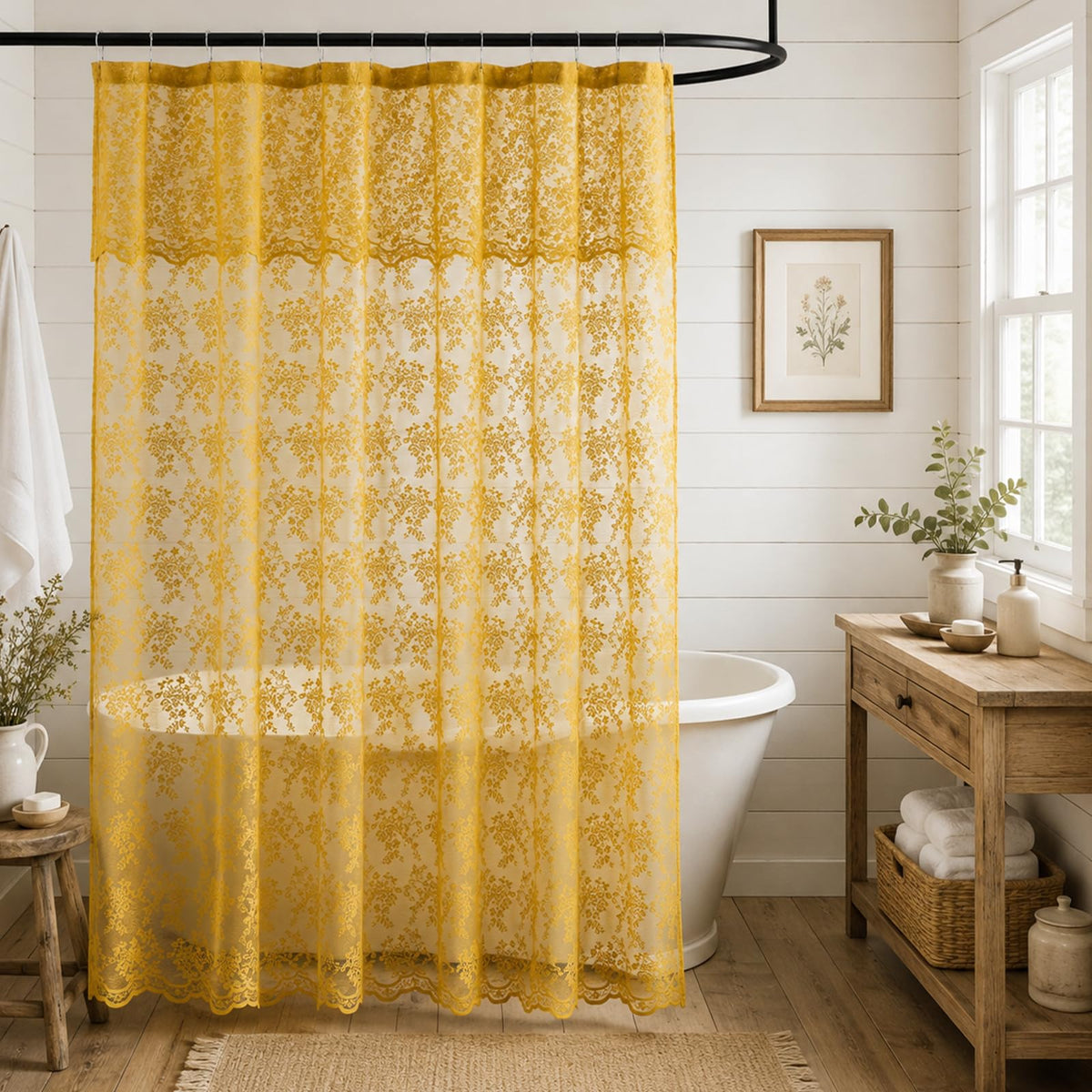 TUDECO White Lace Shower Curtain with Attached Valance 72 x 72 Inch