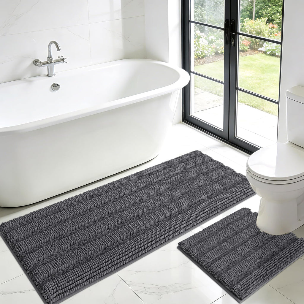 ACCUMTEK Striped Navy Blue Bathroom Rug Set 3 Pieces Ultra Soft, Non Slip Chenille Toilet Mat, Absorbent Plush Shaggy Bath Mats for Bathroom, Bedroom, Kitchen