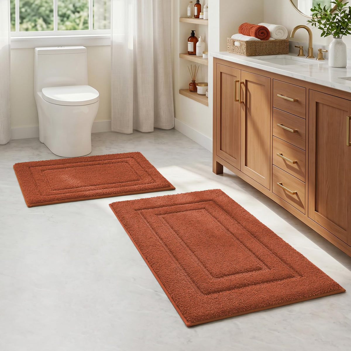 HOMEIDEAS Bathroom Rugs Sets 2 Piece, Super Soft and Absorbent Non Slip Microfiber Machine Washable Bath Mat Set (20" x 32" + 16" x 24", Brown)