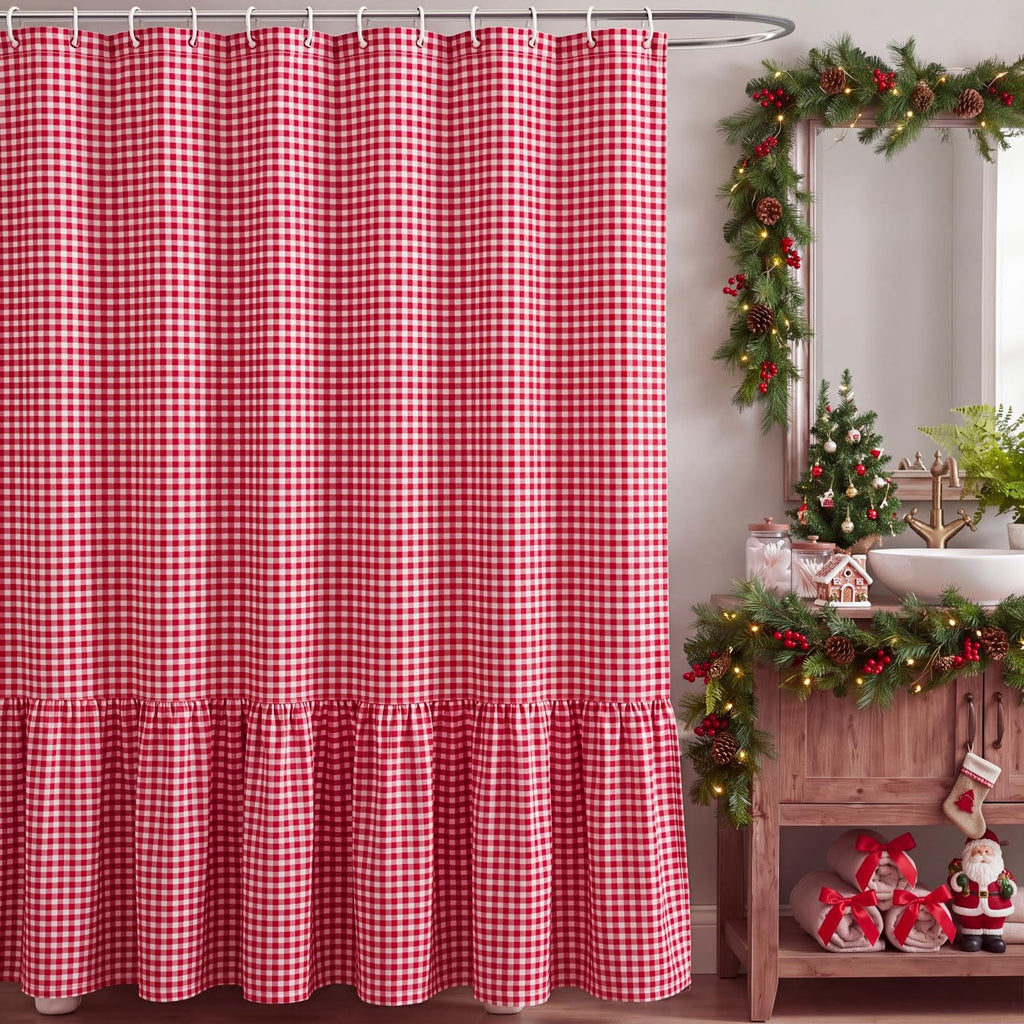 HunnmingRe Ruffled Gingham Shower Curtain Red