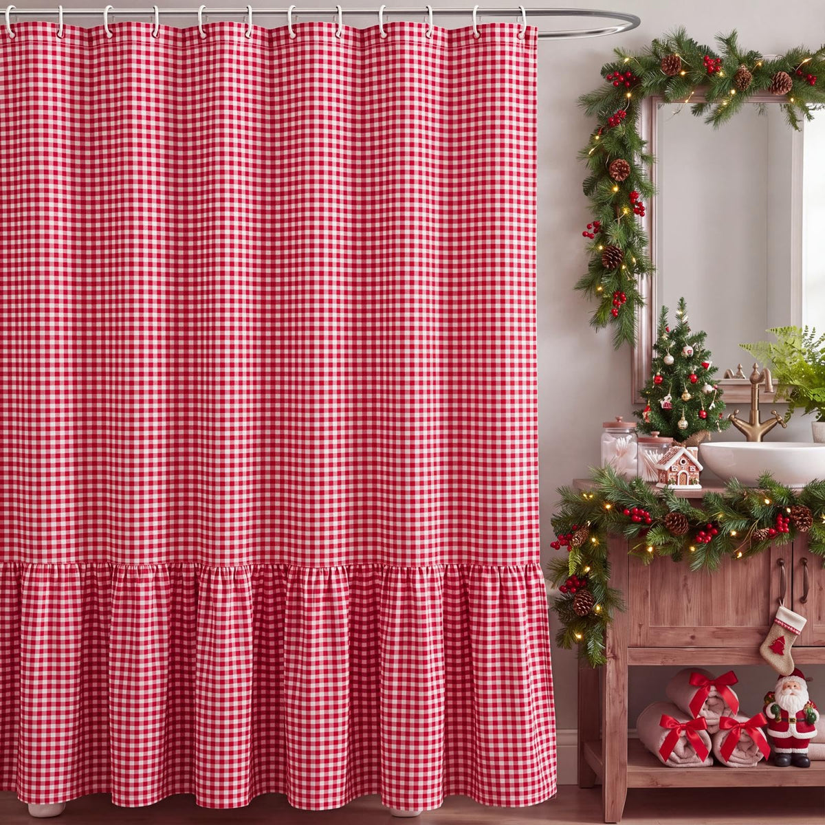 HunnmingRe Ruffled Gingham Shower Curtain Red