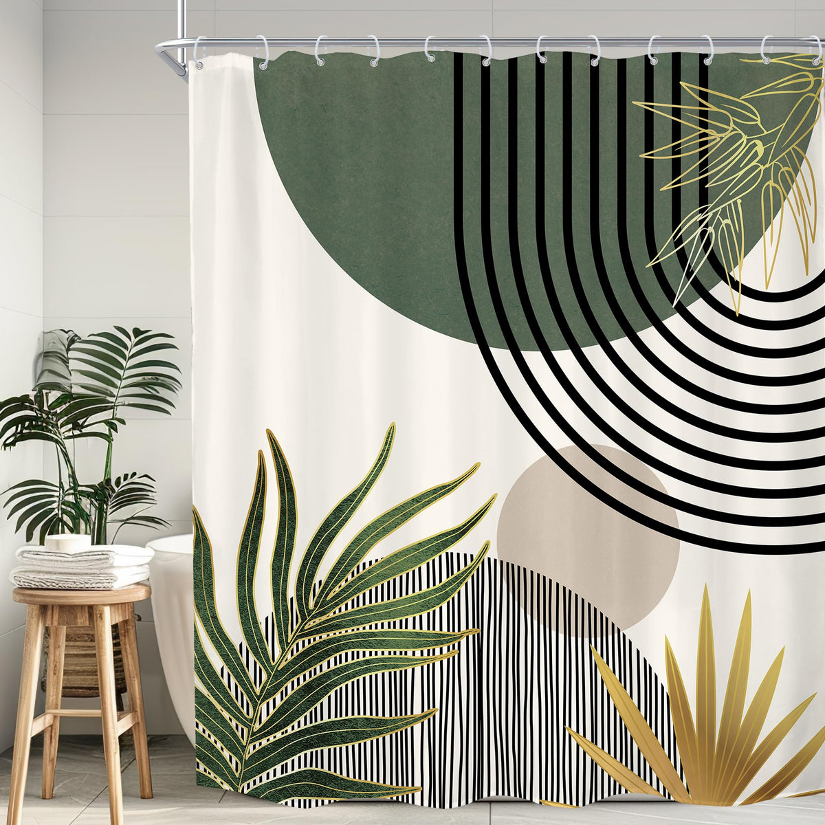 Mid Century Green Orange Boho Abstract Modern Bathroom Shower Curtain Set