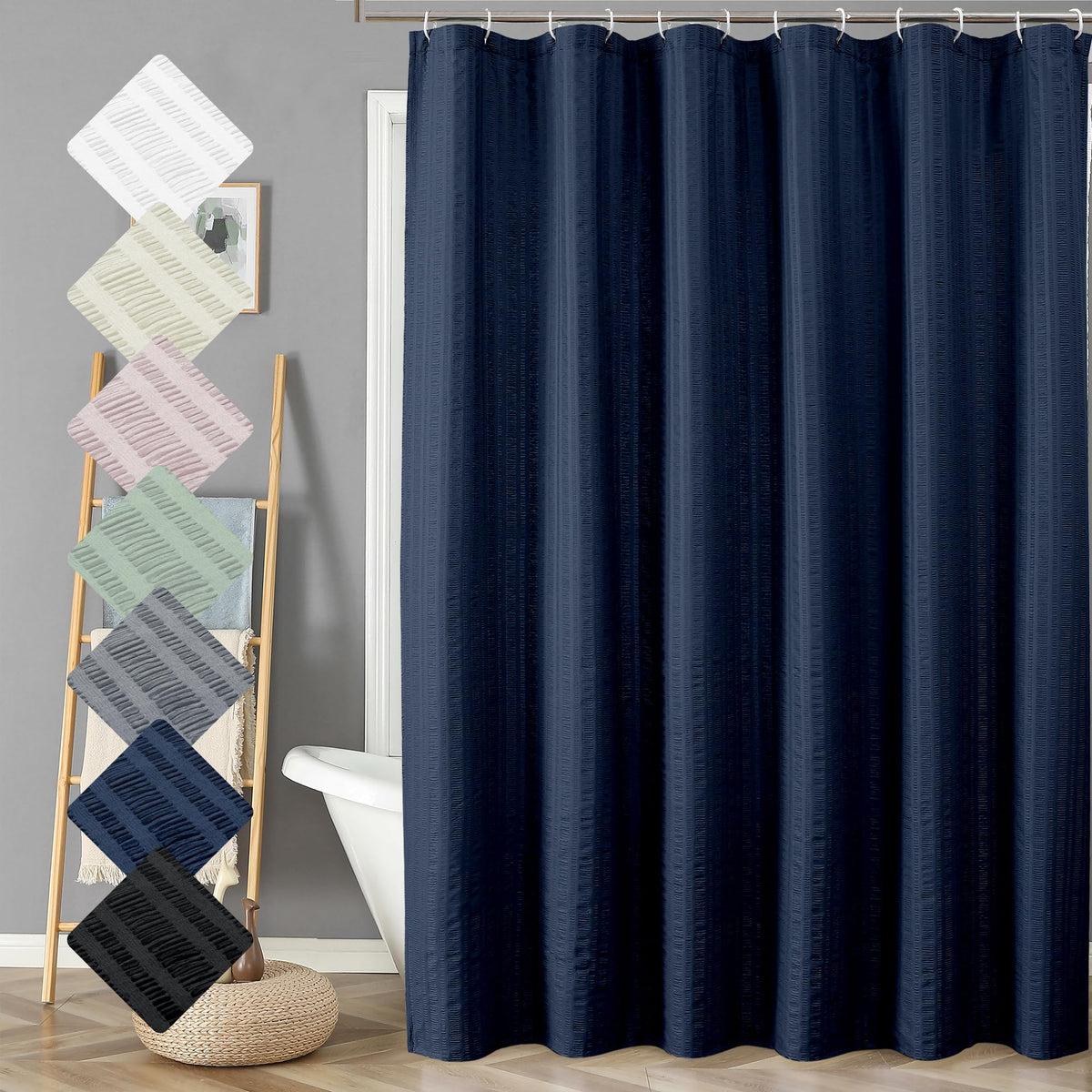 Aiyufeng Moga Navy Blue Fabric Shower Curtains for Bathroom - Blue Hotel Spa Polyester Cloth Bath Curtain with 12 Holes, 72x72, Machine Washable, Navy Blue