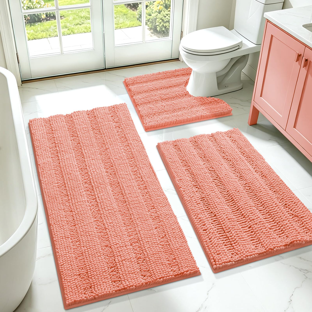 ACCUMTEK Striped Navy Blue Bathroom Rug Set 3 Pieces Ultra Soft, Non Slip Chenille Toilet Mat, Absorbent Plush Shaggy Bath Mats for Bathroom, Bedroom, Kitchen