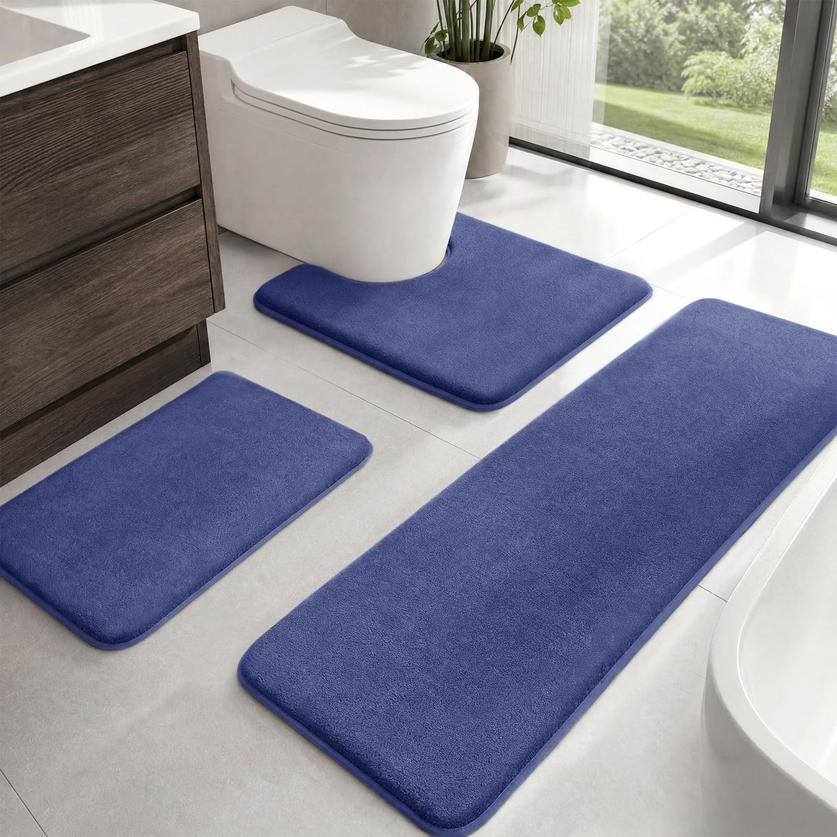 HUXMEYSON Bathroom Rugs Sets 2 Piece, Non-Slip & Quick Dry Bath Mat Set, Ultra Soft Velvet Bath Rugs for Bathroom, Toilet and Shower Floor, Navy
