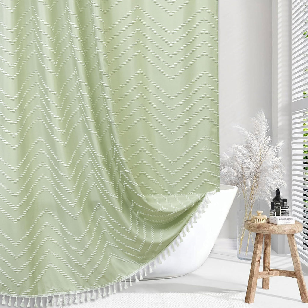 Siiluminisoy Boho Shower Curtain with Tassel Woven Fabric Olive Green Shower Curtain 72 x 72 Modern Farmhouse Textured Tufted Chevron Striped Minimalist Bathroom Shower Curtains