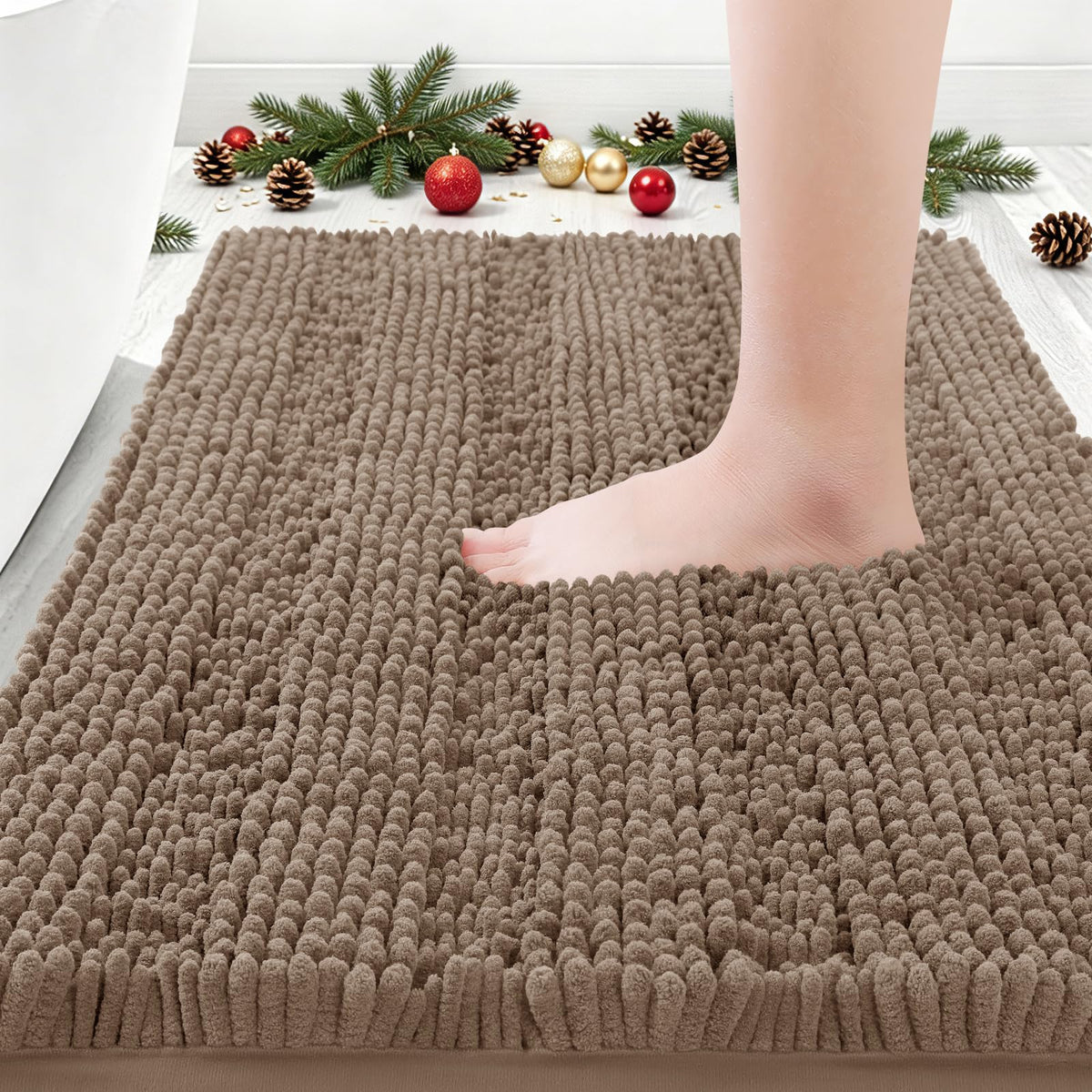 ACCUMTEK Striped Navy Blue Bathroom Rug Set 3 Pieces Ultra Soft, Non Slip Chenille Toilet Mat, Absorbent Plush Shaggy Bath Mats for Bathroom, Bedroom, Kitchen