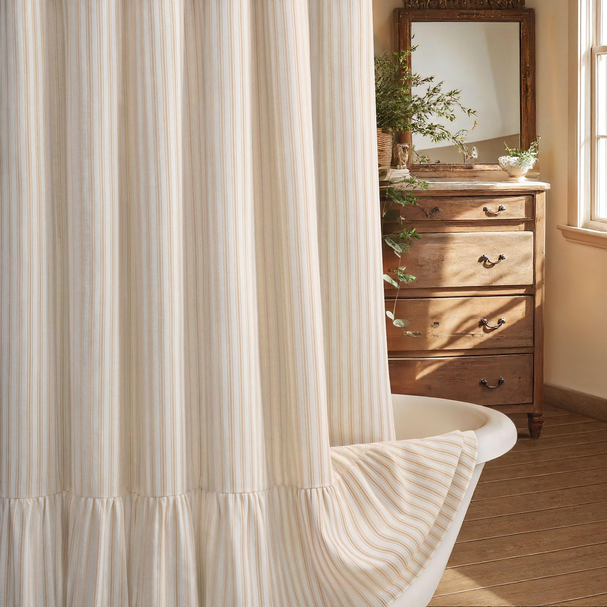 Farmhouse Shower Curtain Ruffle Linen Cream-Brown Stripe 72"W x 72"L