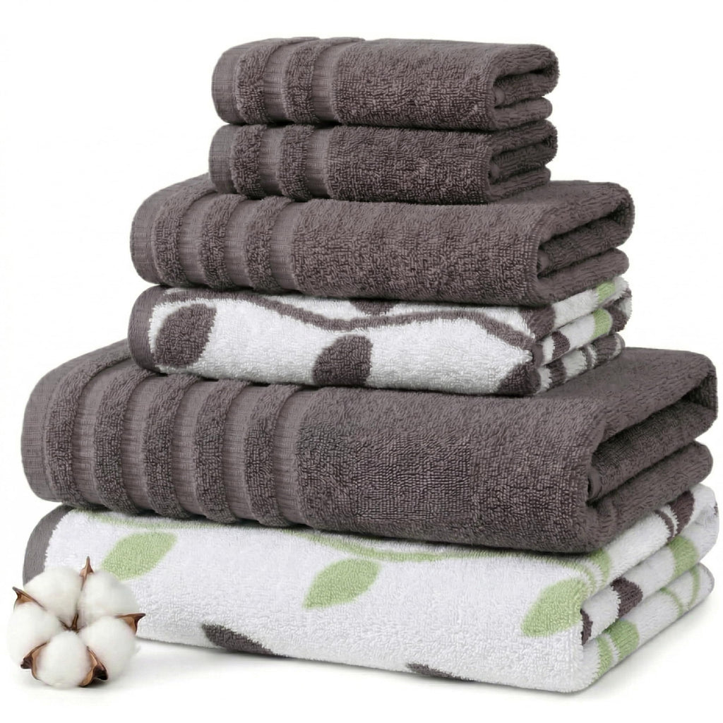 Modern Threads 6 Piece Bath Towel Set – Bathroom Set with 2 Bath Towels, 2 Hand Towels, and 2 Wash Cloths – 100% Cotton, Super Absorbent & Extra Soft – Reversible Floral Trail (Navy)