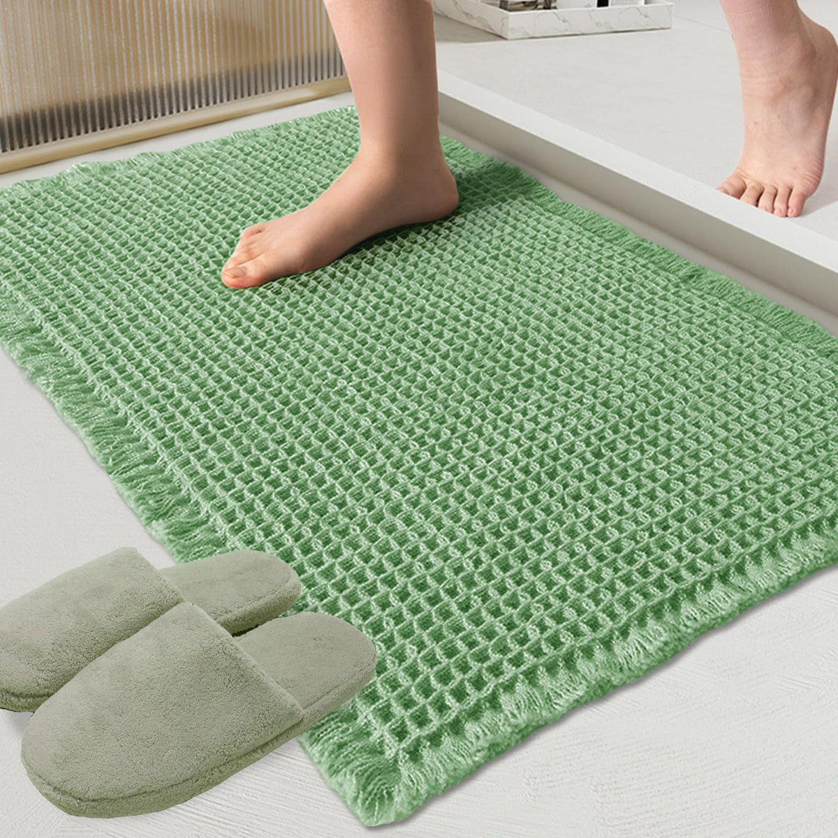 ZALL Waffle Bath Mat Boho Bathroom Mat Ultra Absorbent Non Slip 18x30 Tan