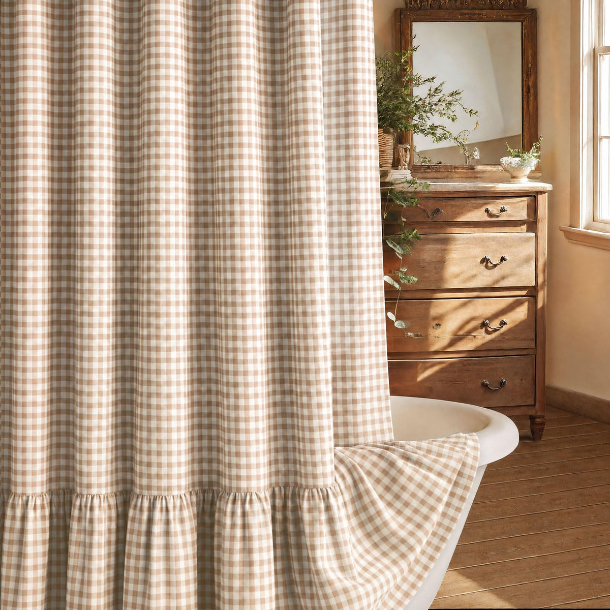 Farmhouse Shower Curtain Ruffle Linen Cream-Brown Stripe 72"W x 72"L