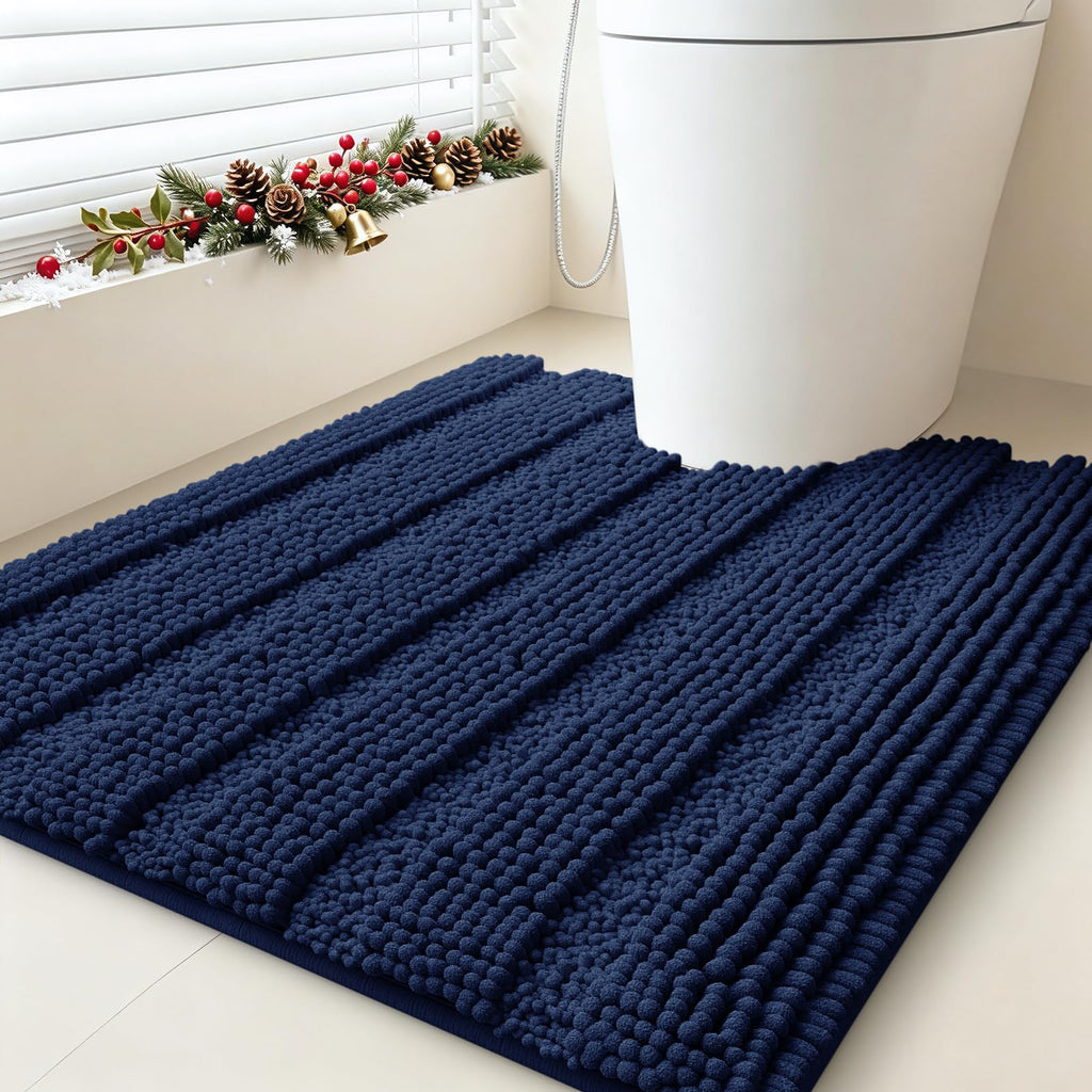 ACCUMTEK Striped Navy Blue Bathroom Rug Set 3 Pieces Ultra Soft, Non Slip Chenille Toilet Mat, Absorbent Plush Shaggy Bath Mats for Bathroom, Bedroom, Kitchen