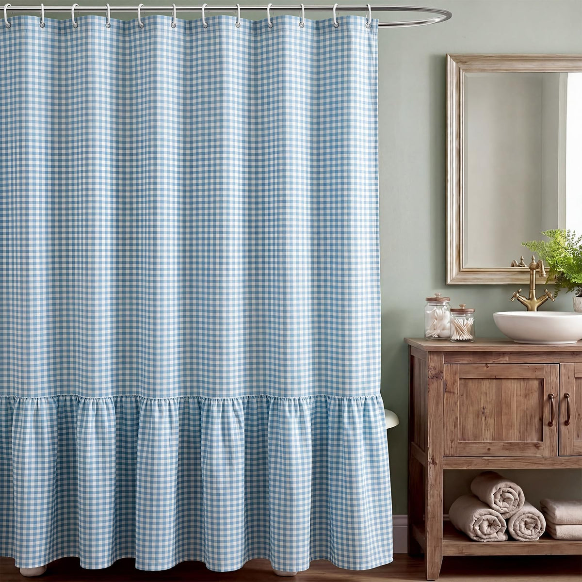 HunnmingRe Ruffled Gingham Shower Curtain Red