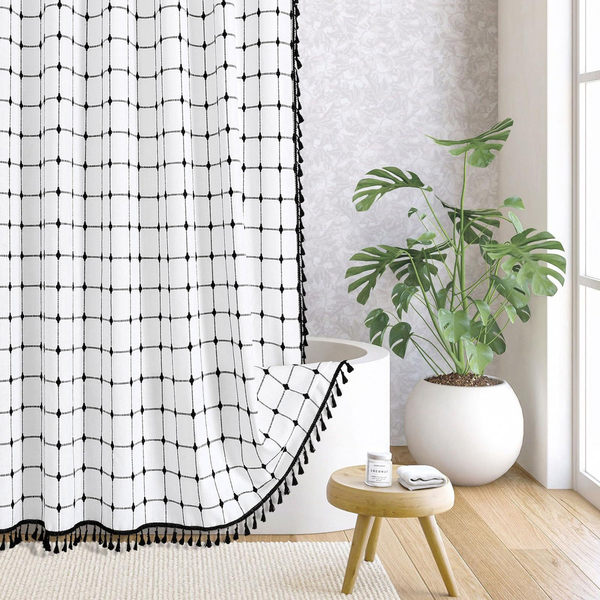 Boho Farmhouse Classic Plaid Linen Tassel Shower Curtain Blue,72x72