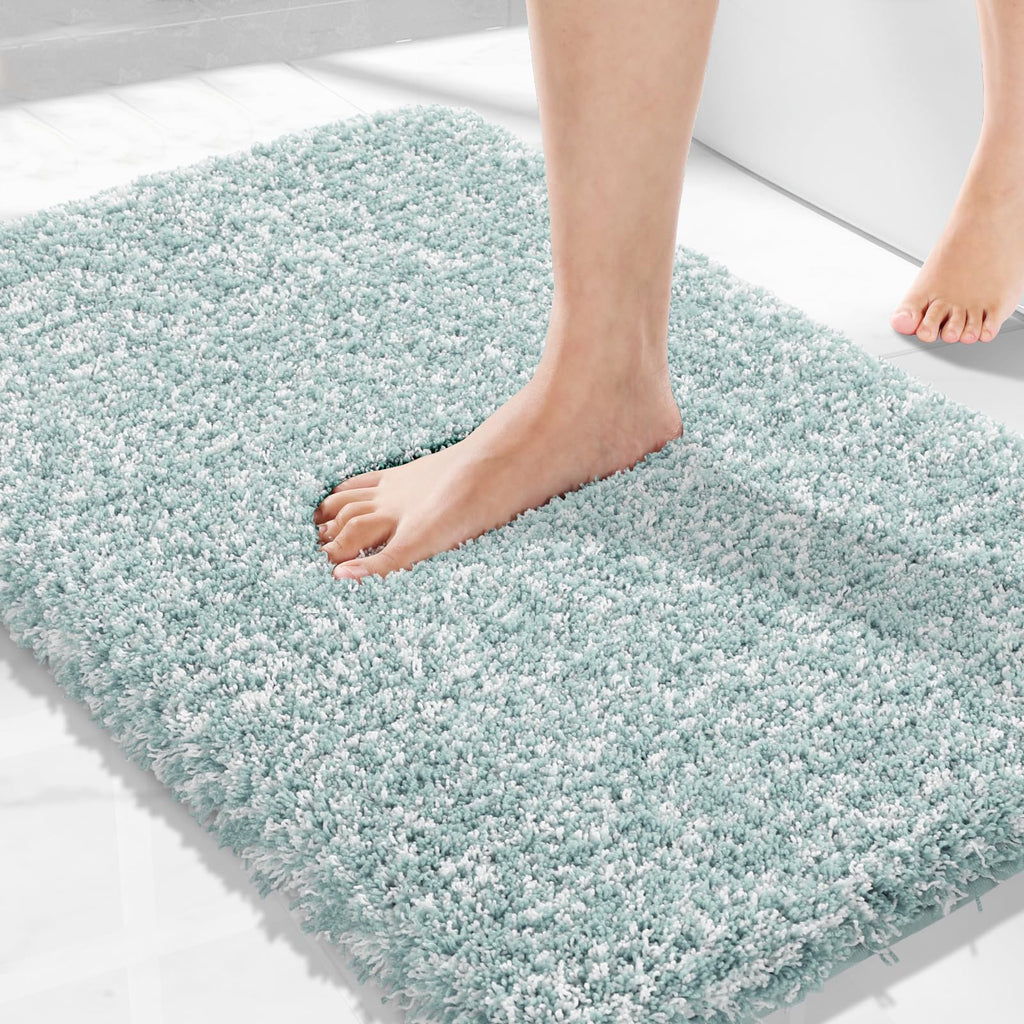 Yimobra Bathroom Rugs Non Slip Washable 32X20, Ultra Soft and Water Absorbent Bath Mats, Plush Fluffy Shower Mat Outside, Microfiber Thick Matts for Bathroom Floor/Tub, Light Gray and White
