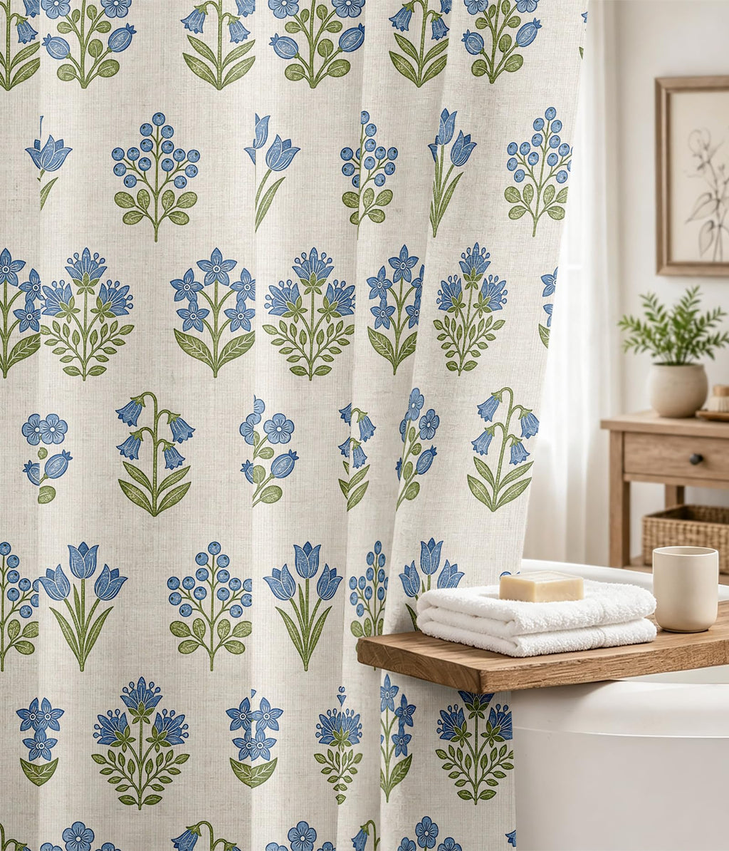 MAMUSE Linen Shower Curtain for Bathroom - Cute Aesthetic Decorative Modern Girly Unique Girls Design Farmhouse Women Waterproof Cortinas de Baño Bathtub 72 x 72 Inch, Sage Flower