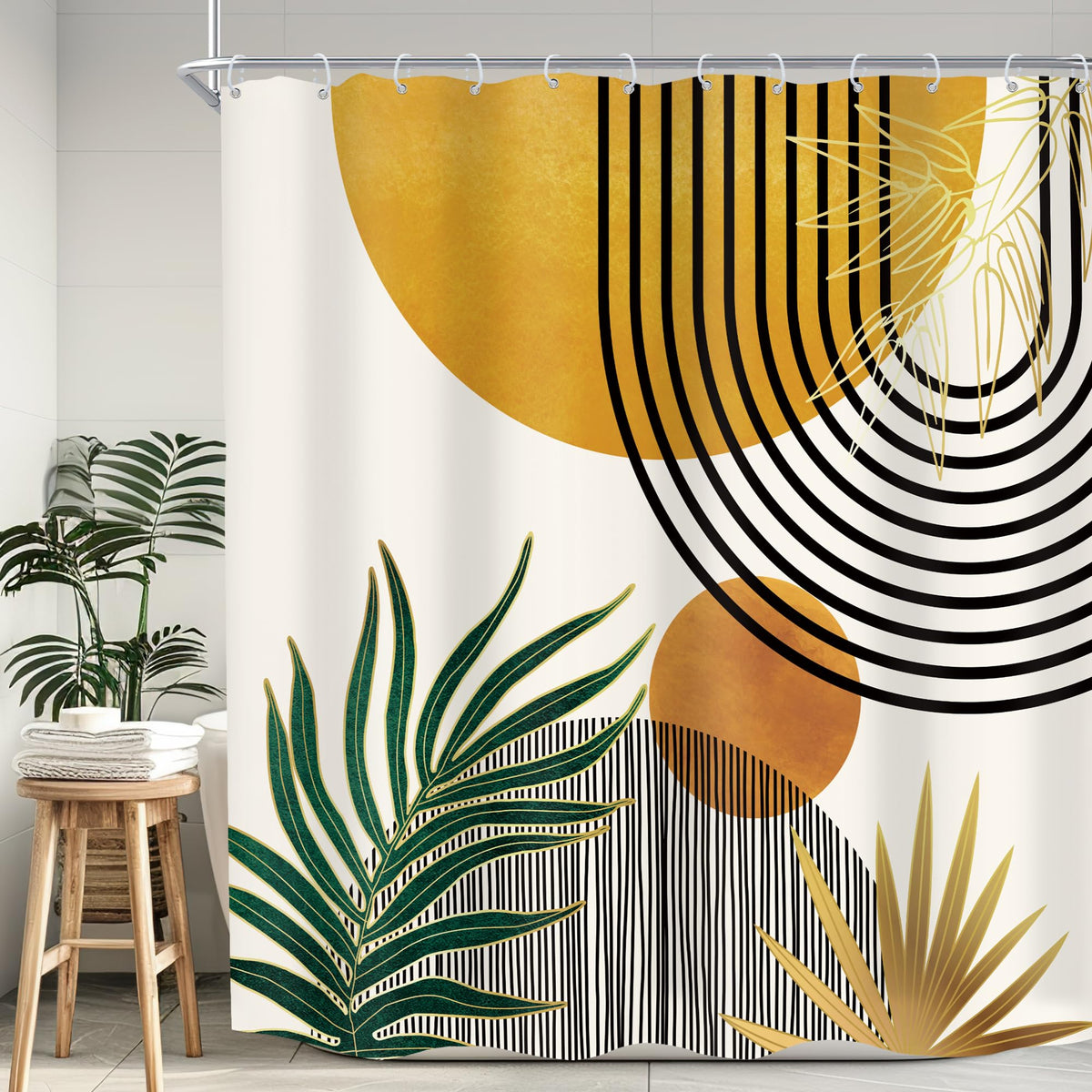 Mid Century Green Orange Boho Abstract Modern Bathroom Shower Curtain Set