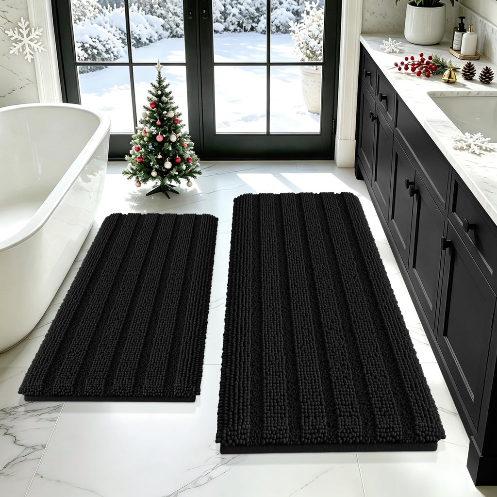 ACCUMTEK Striped Navy Blue Bathroom Rug Set 3 Pieces Ultra Soft, Non Slip Chenille Toilet Mat, Absorbent Plush Shaggy Bath Mats for Bathroom, Bedroom, Kitchen