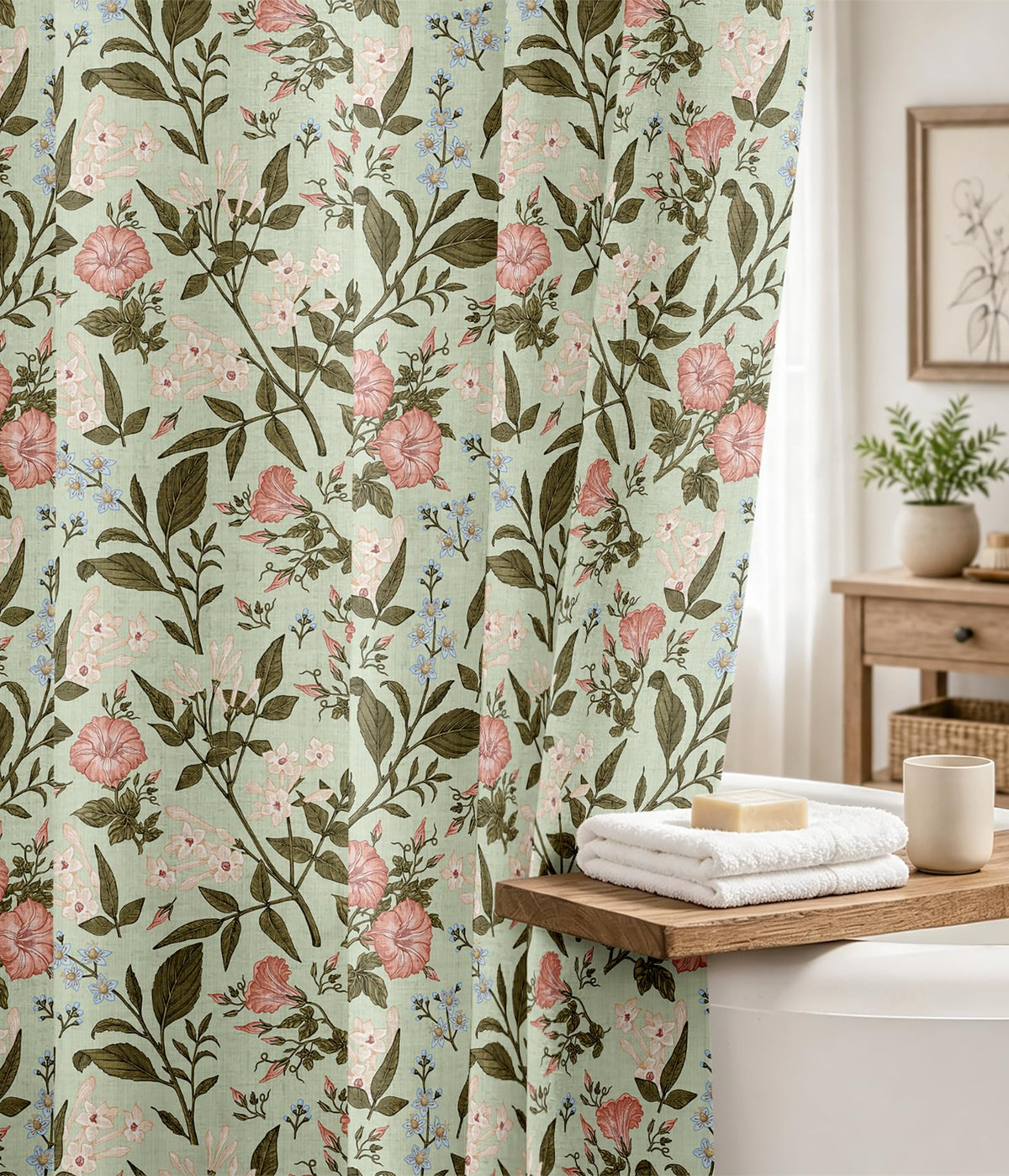 MAMUSE Linen Shower Curtain for Bathroom - Cute Aesthetic Decorative Modern Girly Unique Girls Design Farmhouse Women Waterproof Cortinas de Baño Bathtub 72 x 72 Inch, Sage Flower