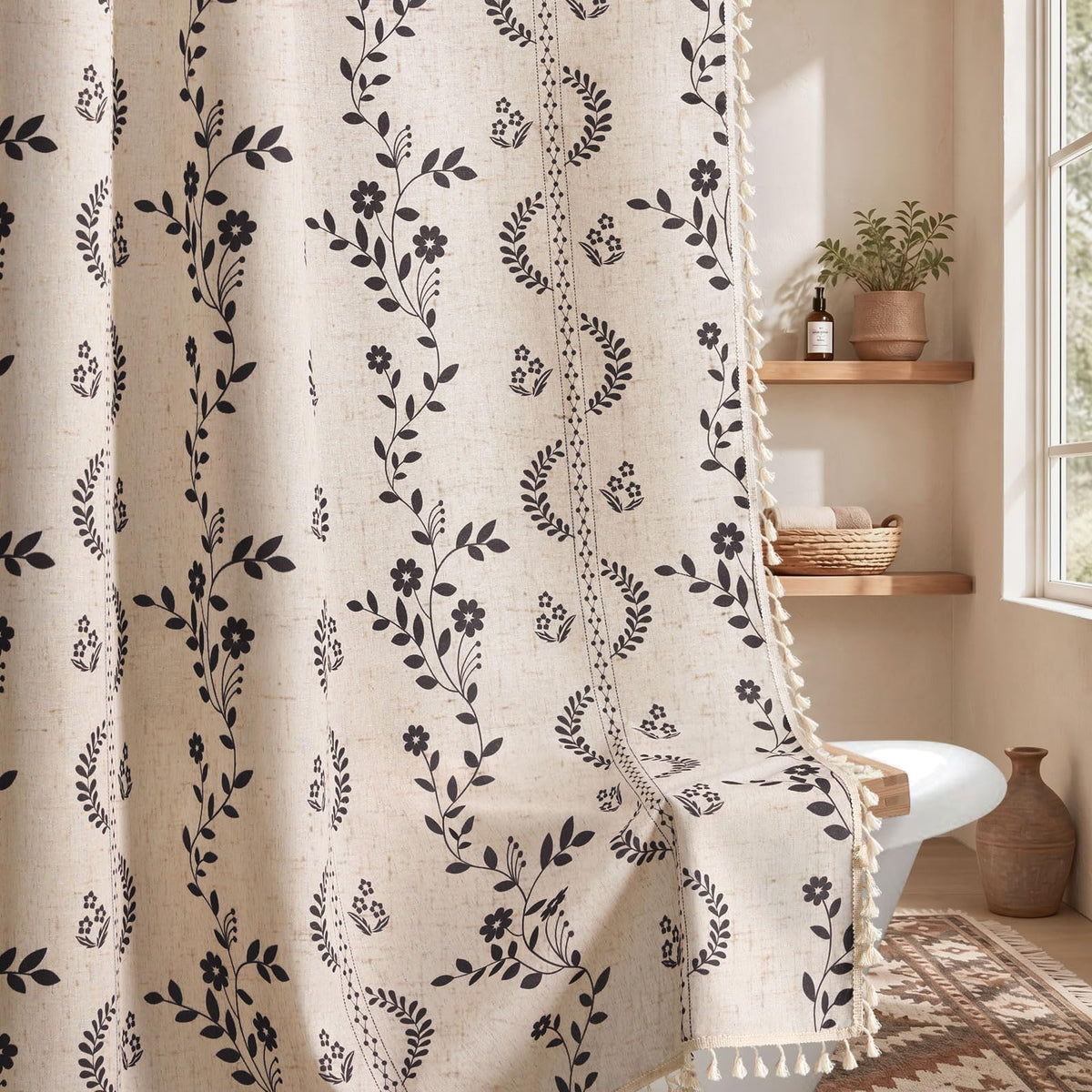 Boho Terracotta Vintage Shower Curtain with Tassels 72 x 72 Inch