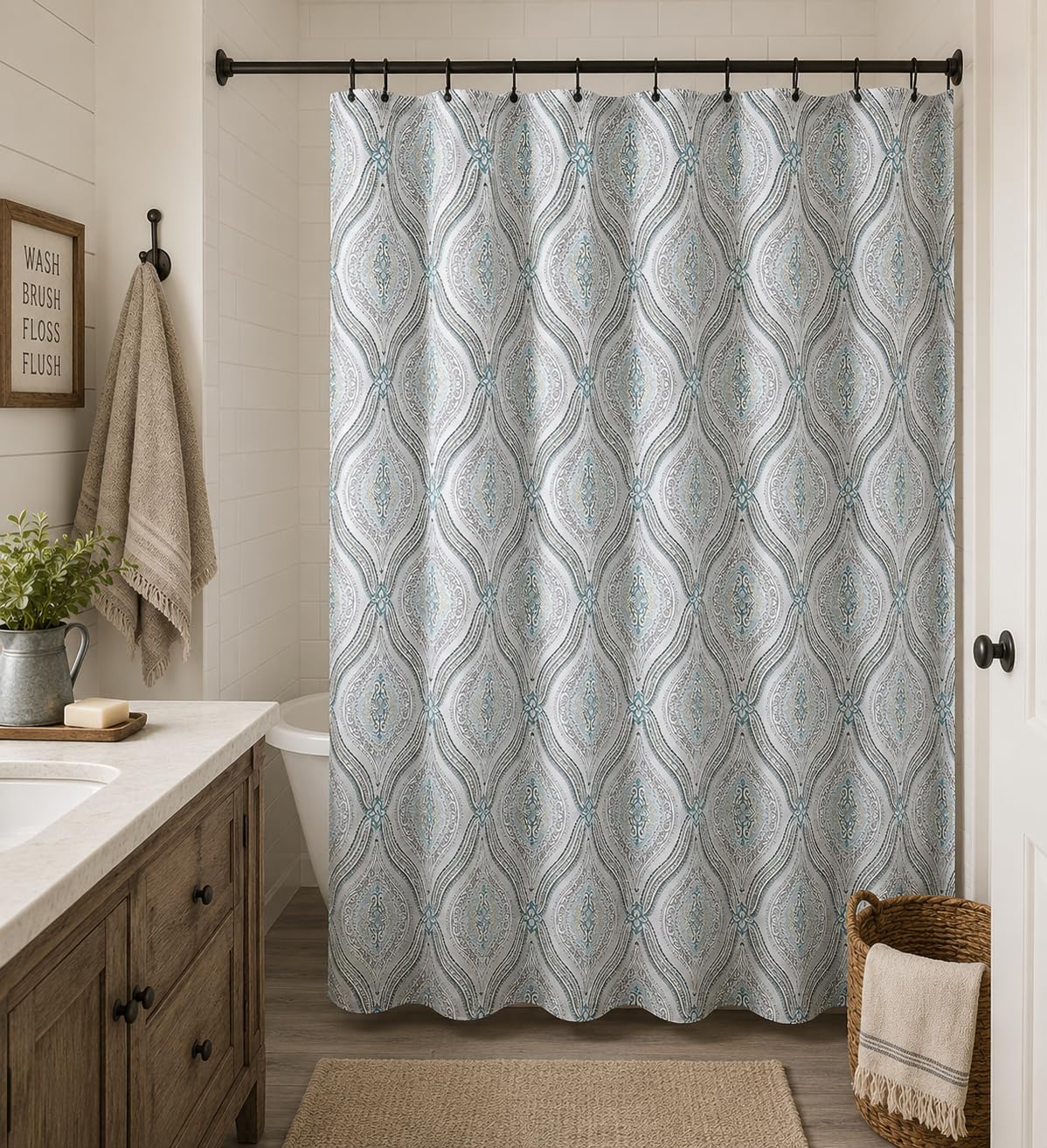 Blue Fabric Shower Curtain Modern Geometrical Blue Gray for Bathroom 72x72