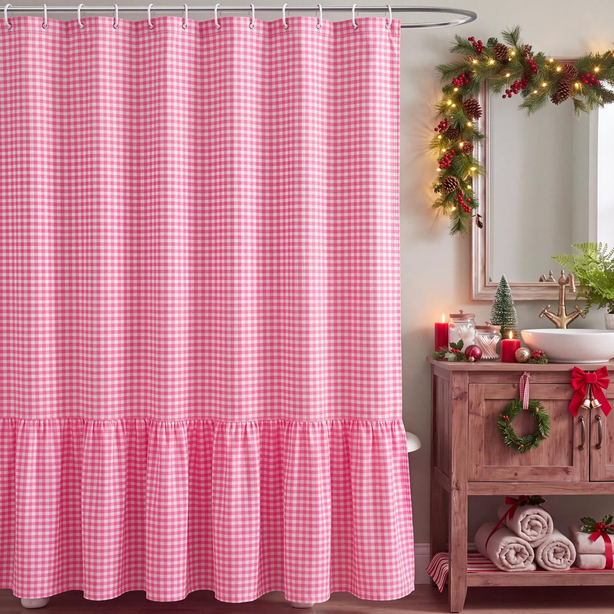 HunnmingRe Ruffled Gingham Shower Curtain Red