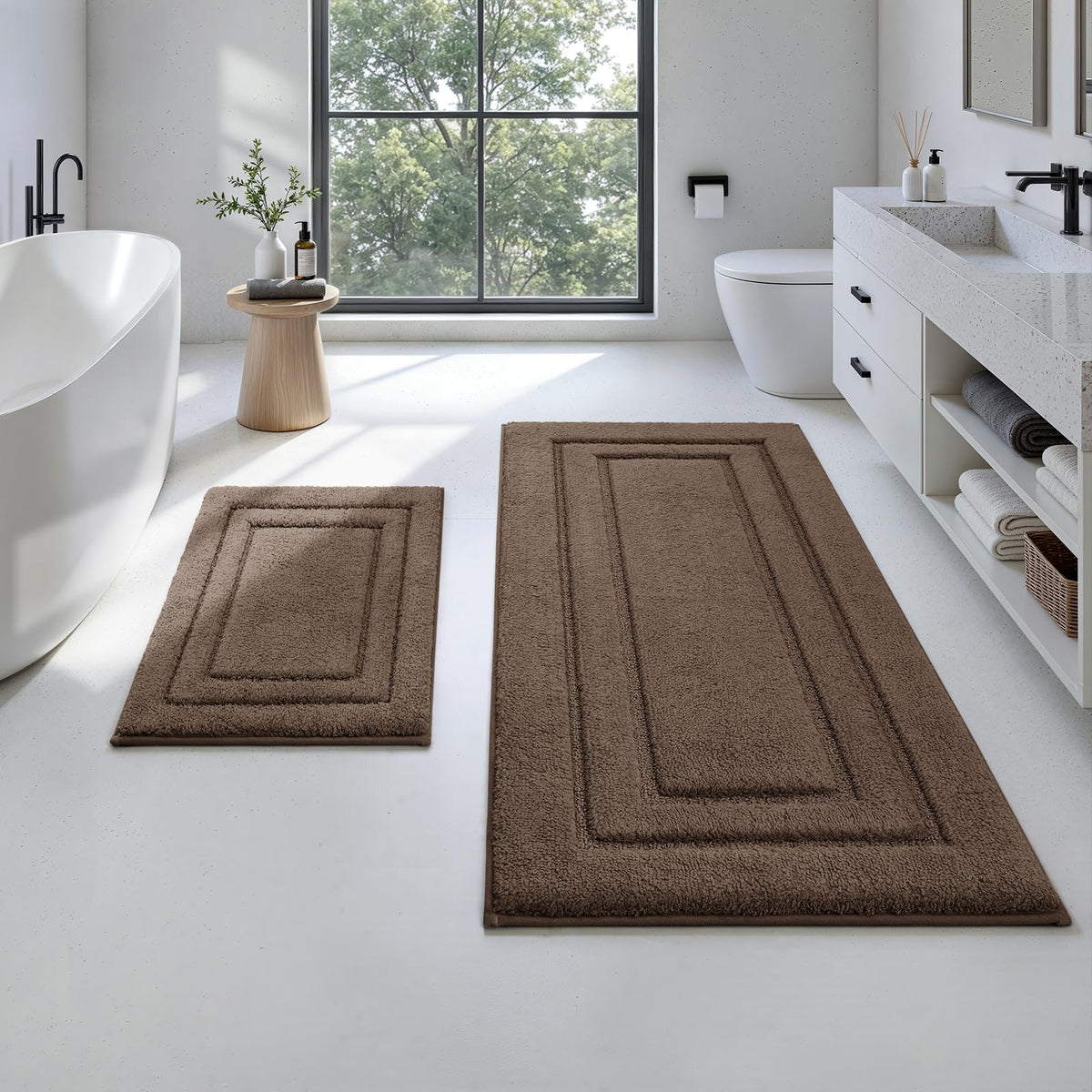 HOMEIDEAS Bathroom Rugs Sets 2 Piece, Super Soft and Absorbent Non Slip Microfiber Machine Washable Bath Mat Set (20" x 32" + 16" x 24", Brown)
