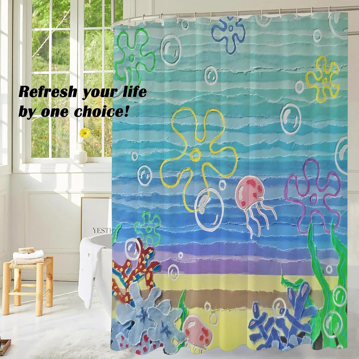 Cute Beach Ocean Anime Under Sea Jellyfish Shower Curtain 72x72 Inches