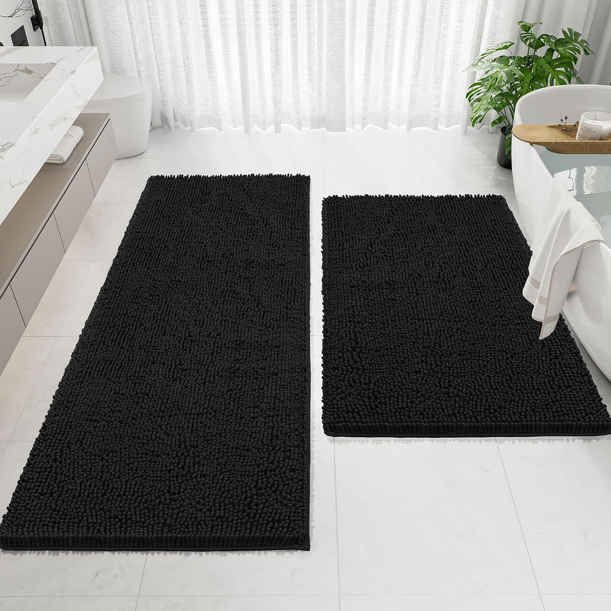 Bathroom Rugs Mat 72 x 48, Thick Soft Absorbent Chenille Bath Rugs, Rubber Backing Bath Mats for Bathroom Floor, Tub, Shower, Bedroom, Home Decor Accessories, Quick Dry Machine Washable, Black
