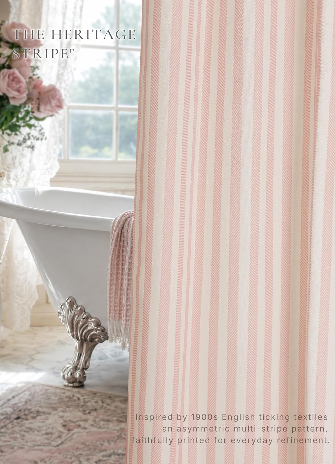 Vintage Pink Striped Fabric Shower Curtain for Bathroom, 72x84 Inches, Rustic Farmhouse Cotton Blend Cloth Shower Curtain, Boho French Country Cottagecore Style, Non-Waterproof Decorative Curtain