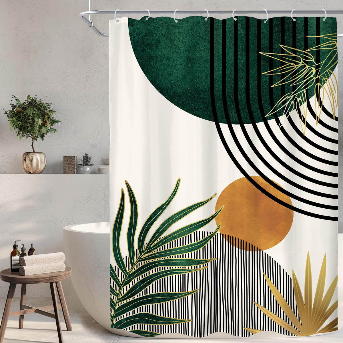 Mid Century Green Orange Boho Abstract Modern Bathroom Shower Curtain Set