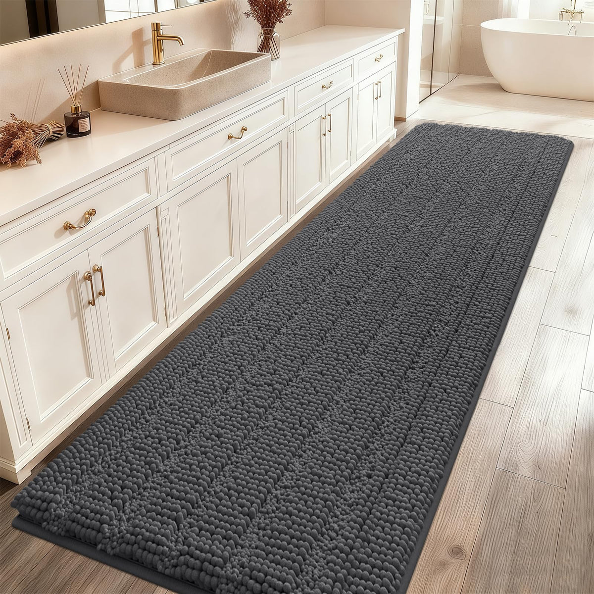 ACCUMTEK Striped Navy Blue Bathroom Rug Set 3 Pieces Ultra Soft, Non Slip Chenille Toilet Mat, Absorbent Plush Shaggy Bath Mats for Bathroom, Bedroom, Kitchen