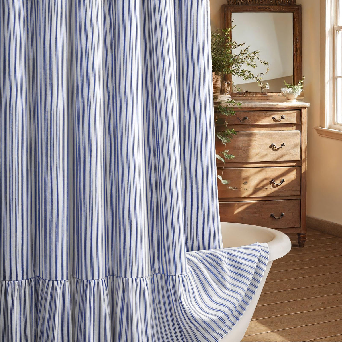 Farmhouse Shower Curtain Ruffle Linen Cream-Brown Stripe 72"W x 72"L
