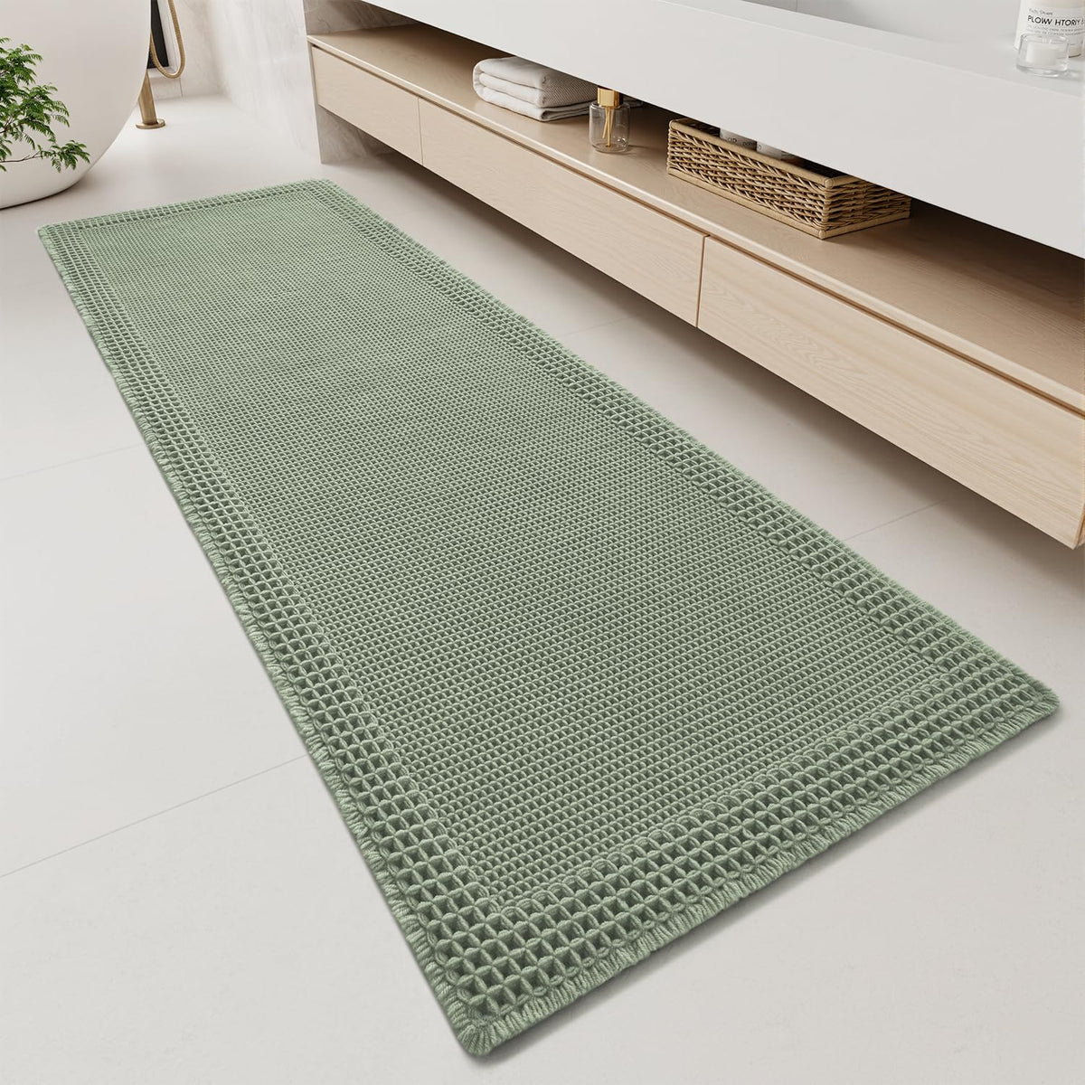 RESARE Waffle Bathroom Runner Rugs, Non Slip Boho Bath Mat 24"x72" Brown